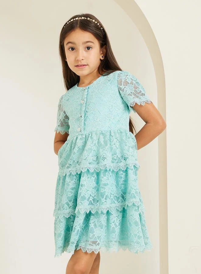 Styli Girls Mint Green Tiered Lace Dress